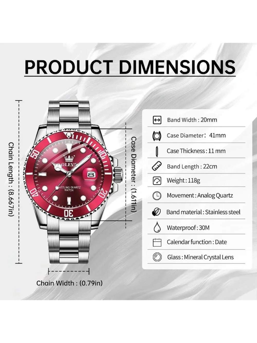 Men's Red Luxury Stainless Steel Waterproof Quartz Big Face Fashion Wrist Watch